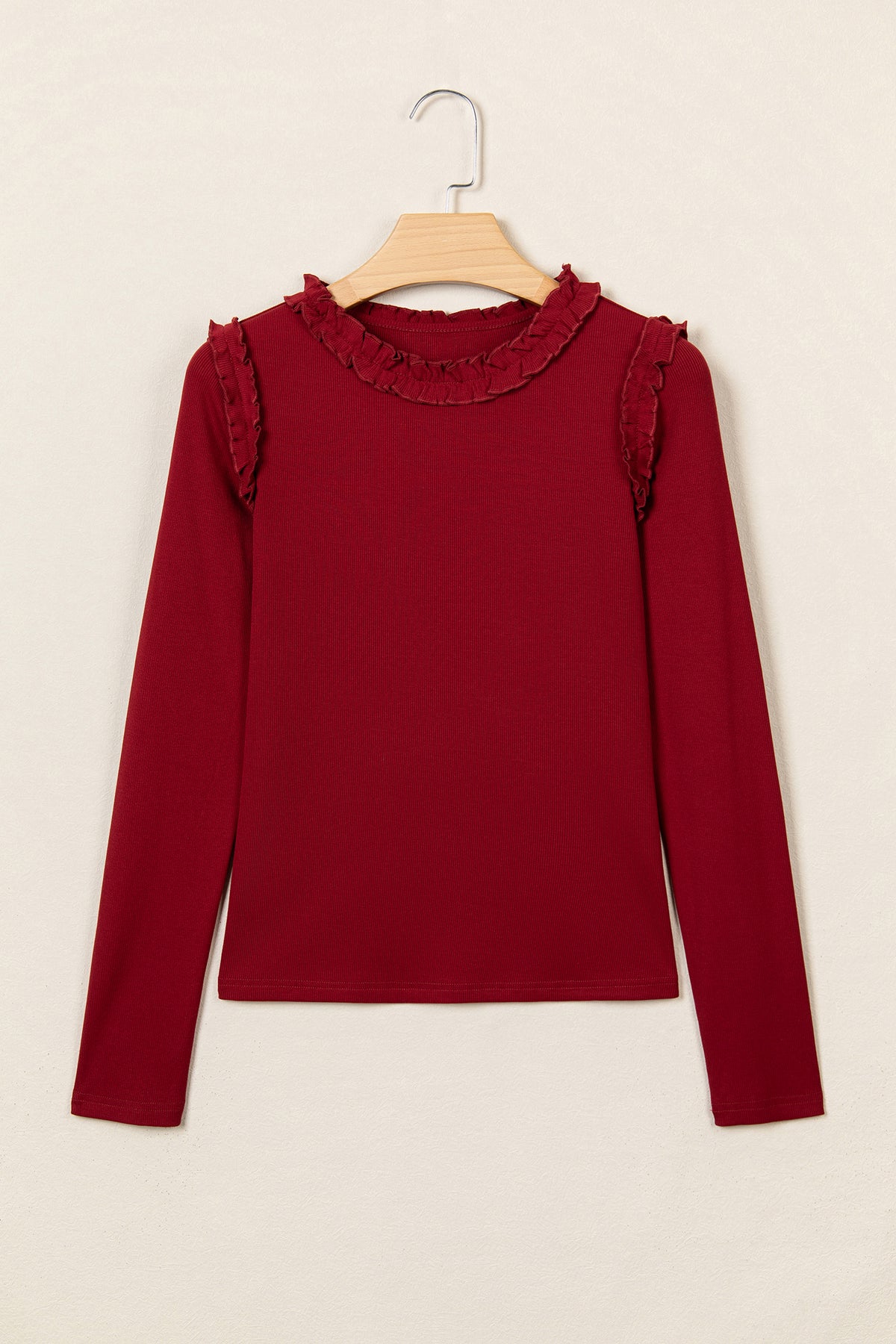 Beige Solid Color Round Neck Frill Detail Long Sleeve Top