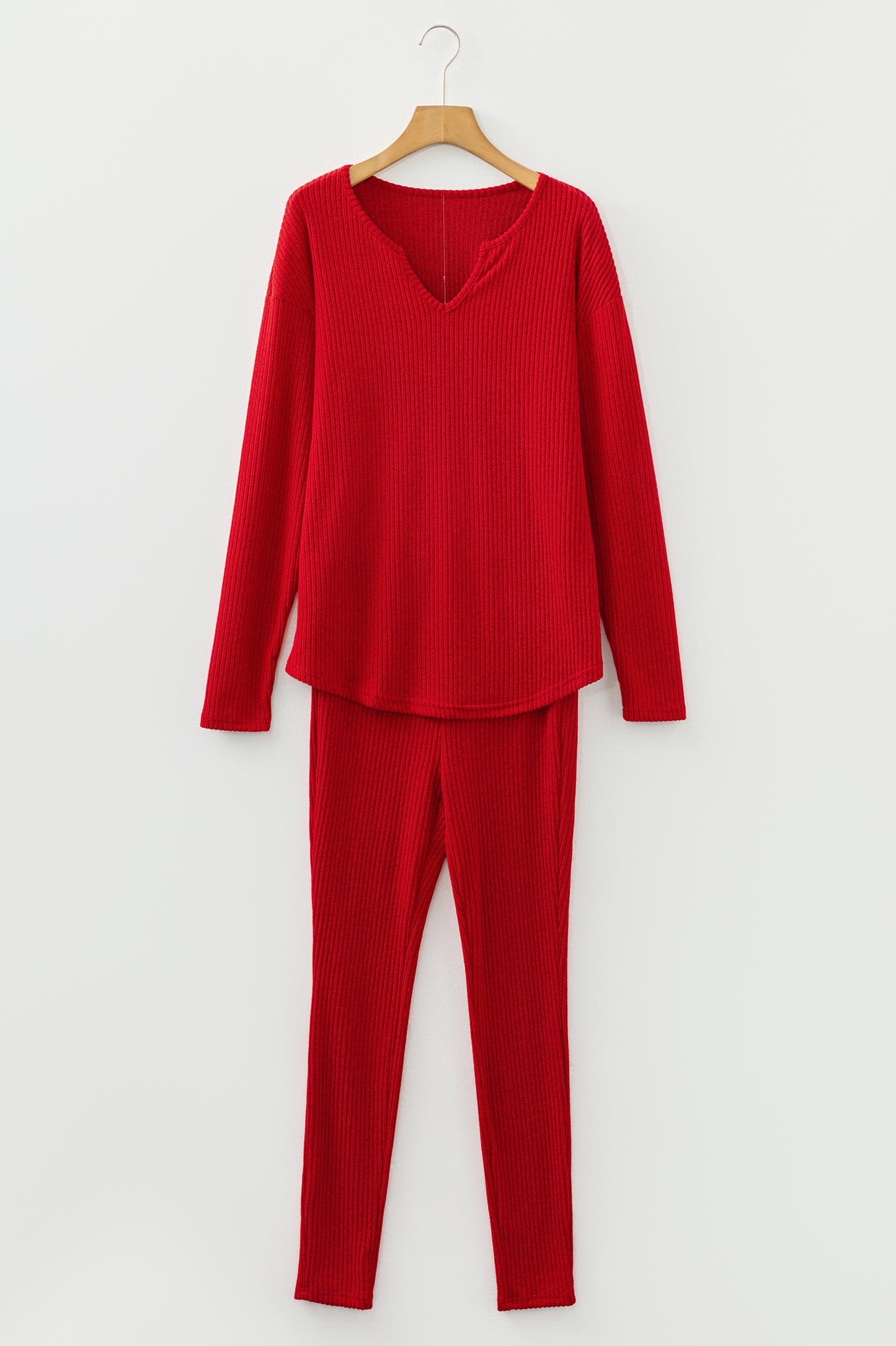 Racing Red Ribbed Notched Neck Knit Long Sleeve Leggings Two Pieces Pant Set