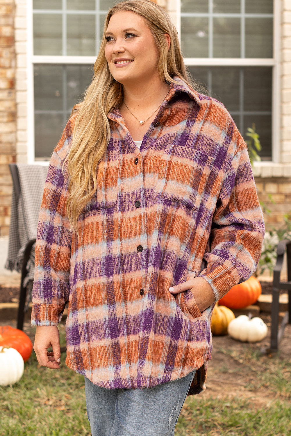 Multicolour Plus Size Plaid Print Collared Button up Shacket