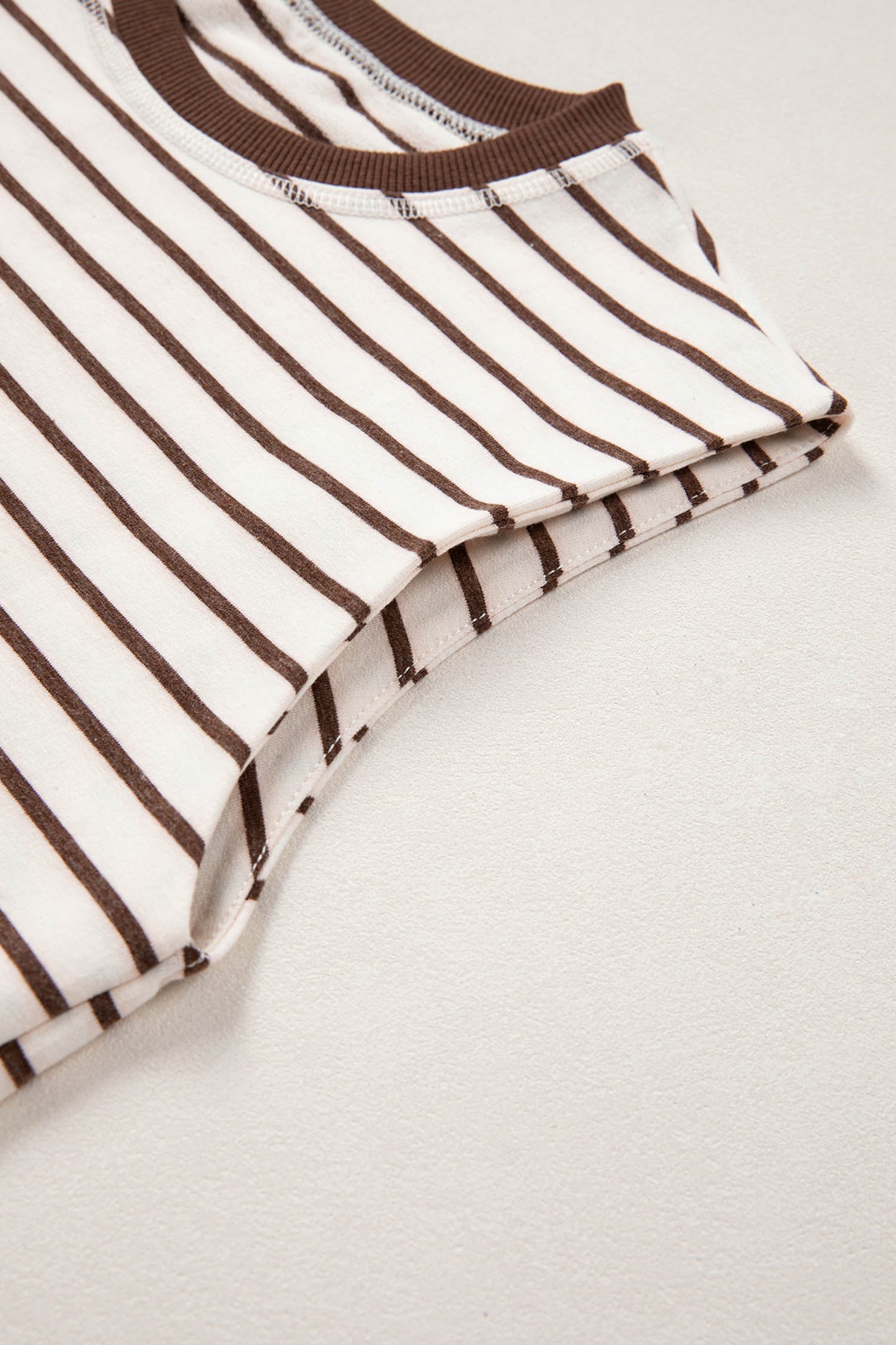 Brown Stripe Ribbed Round Neck Trim Loose Tank Top
