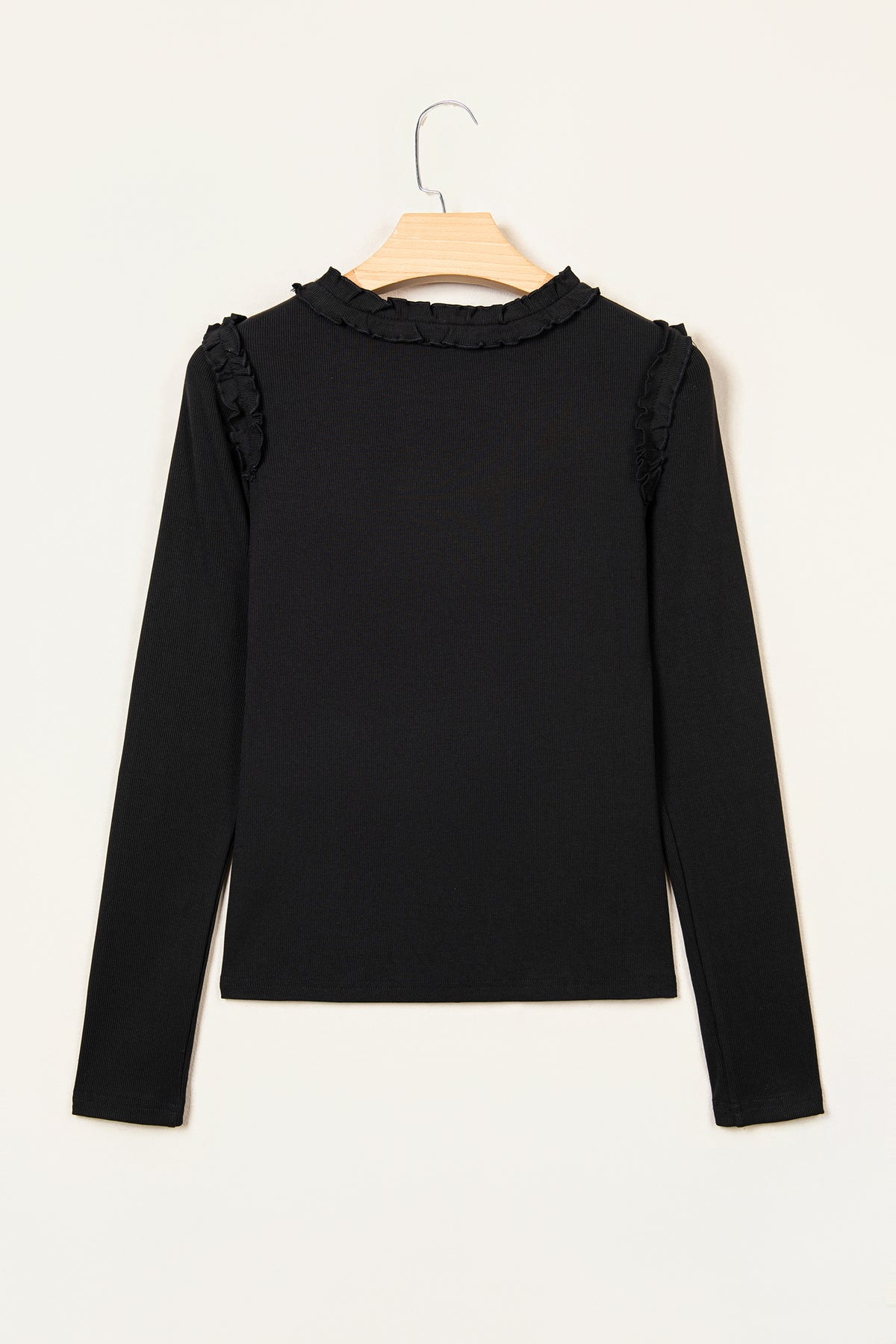 Beige Solid Color Round Neck Frill Detail Long Sleeve Top