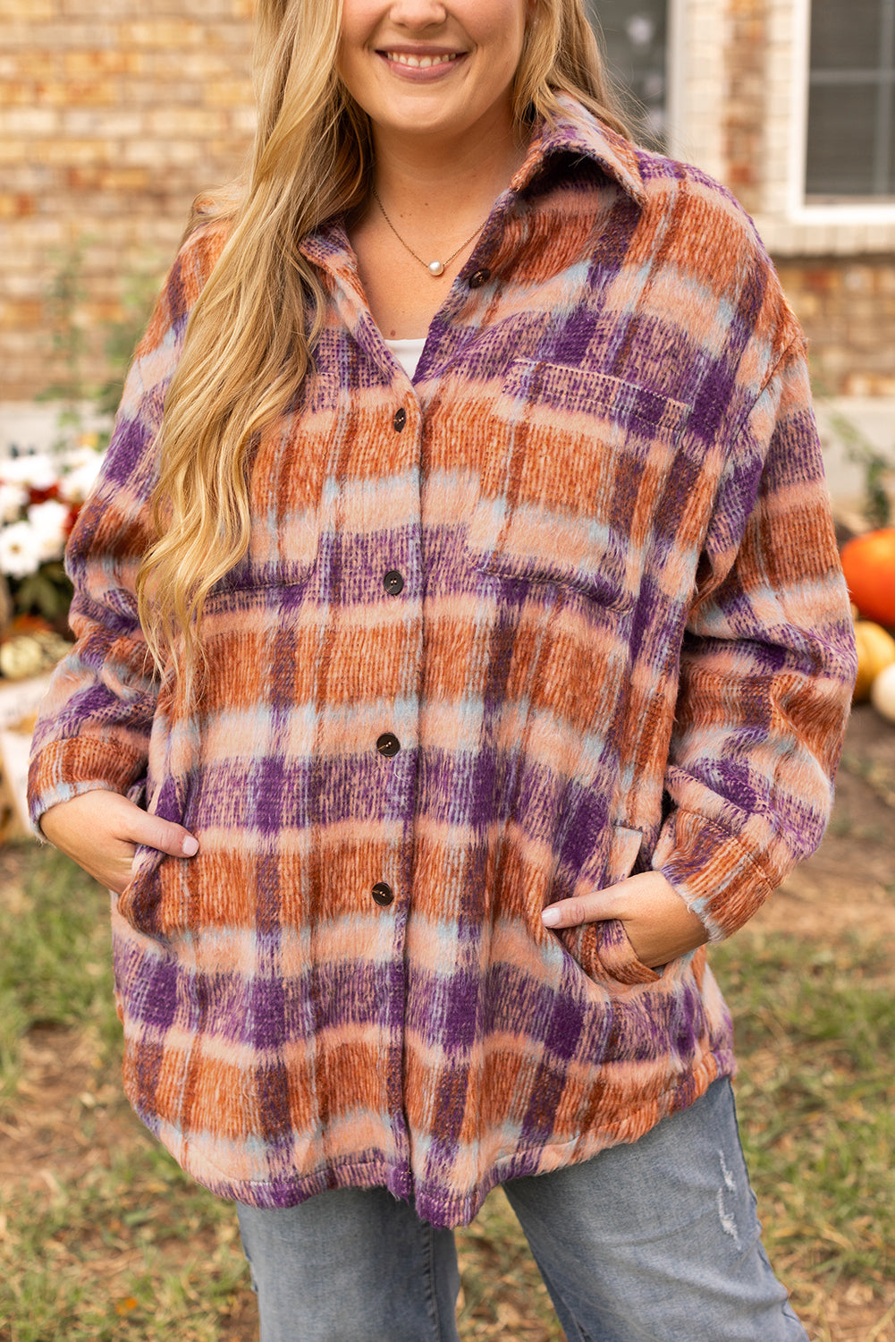 Multicolour Plus Size Plaid Print Collared Button up Shacket