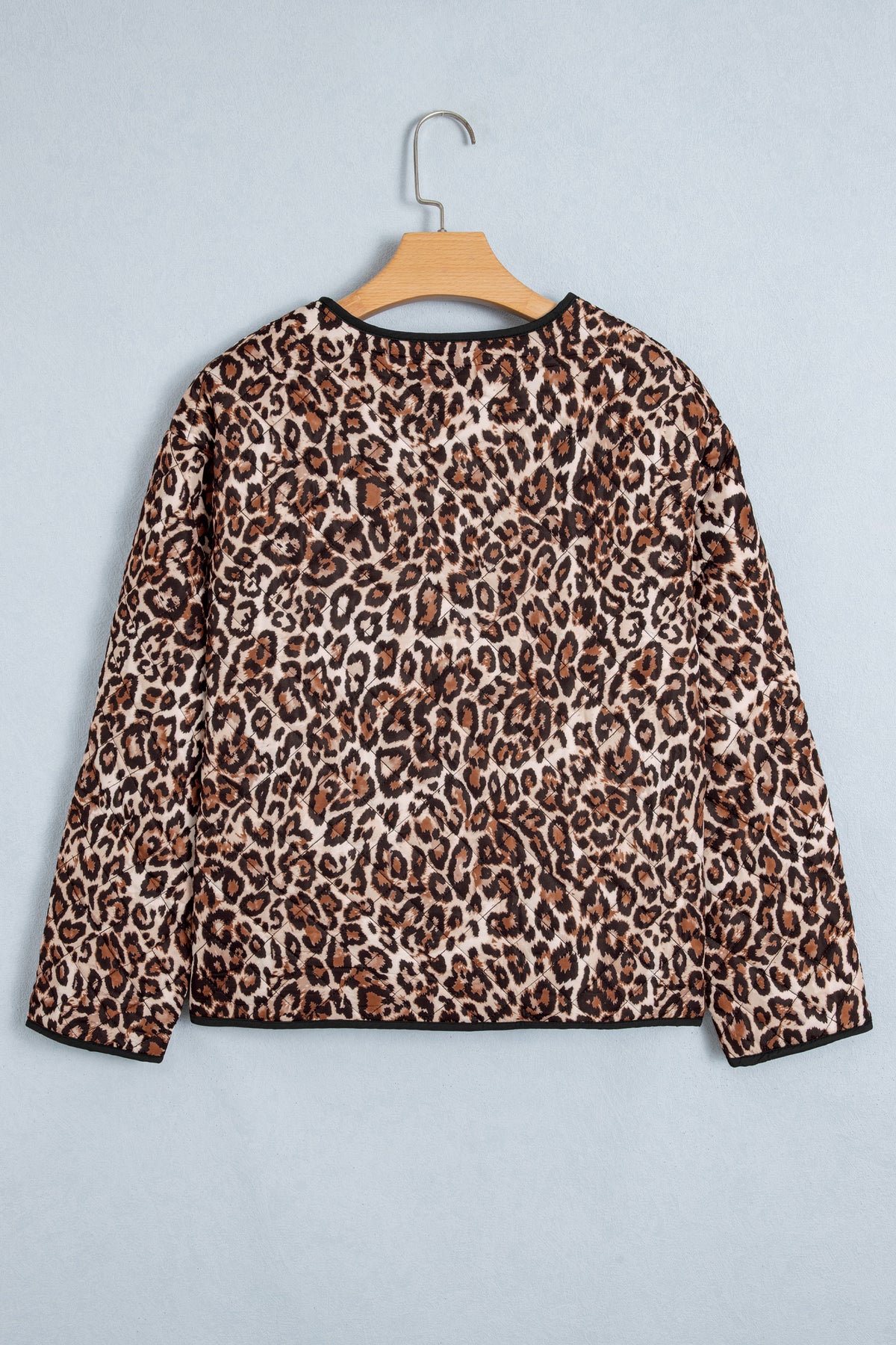 Brown Leopard Print Quilted Button Front Patch Pockets Jacket