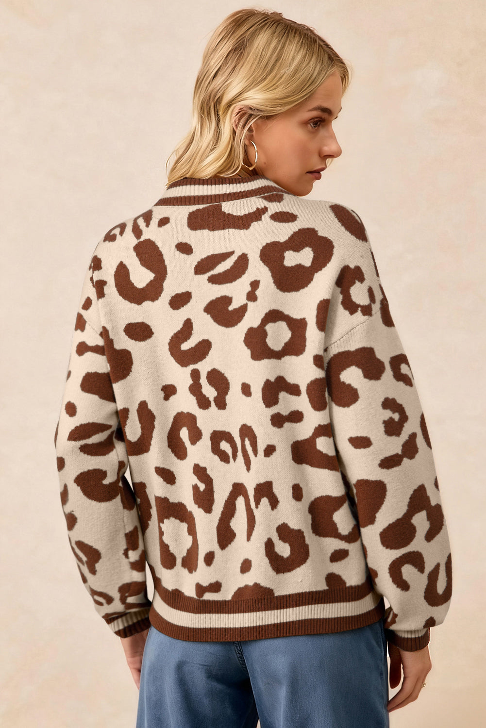 Light French Beige Leopard Printed Knit V Neck Casual Sweater