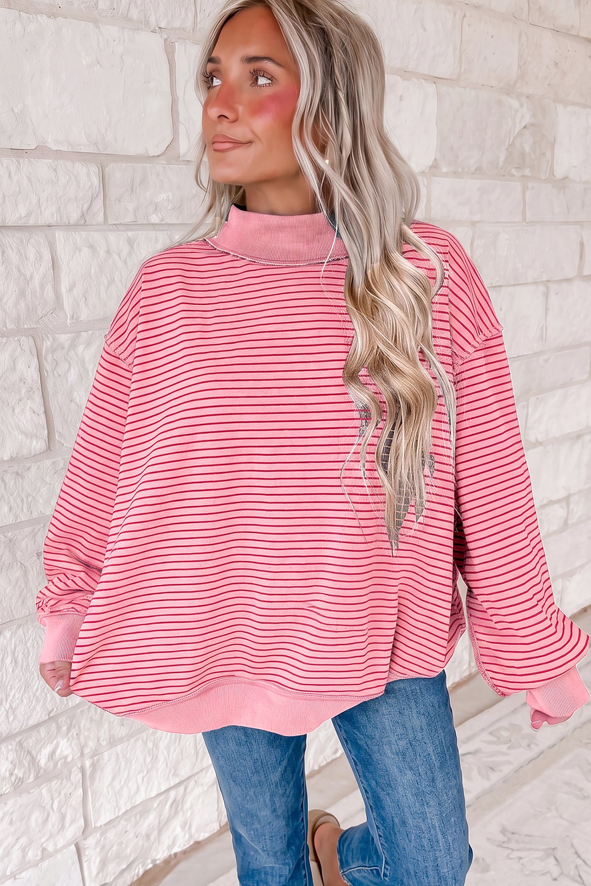 Green Stripe Ribbed Color Block Mock Neck Oversized Sweatshirt