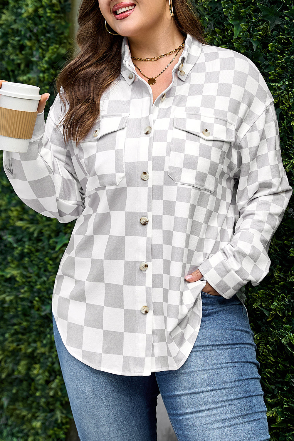 Khaki Plus Size Checkered Buttoned Down Casual Western Shacket