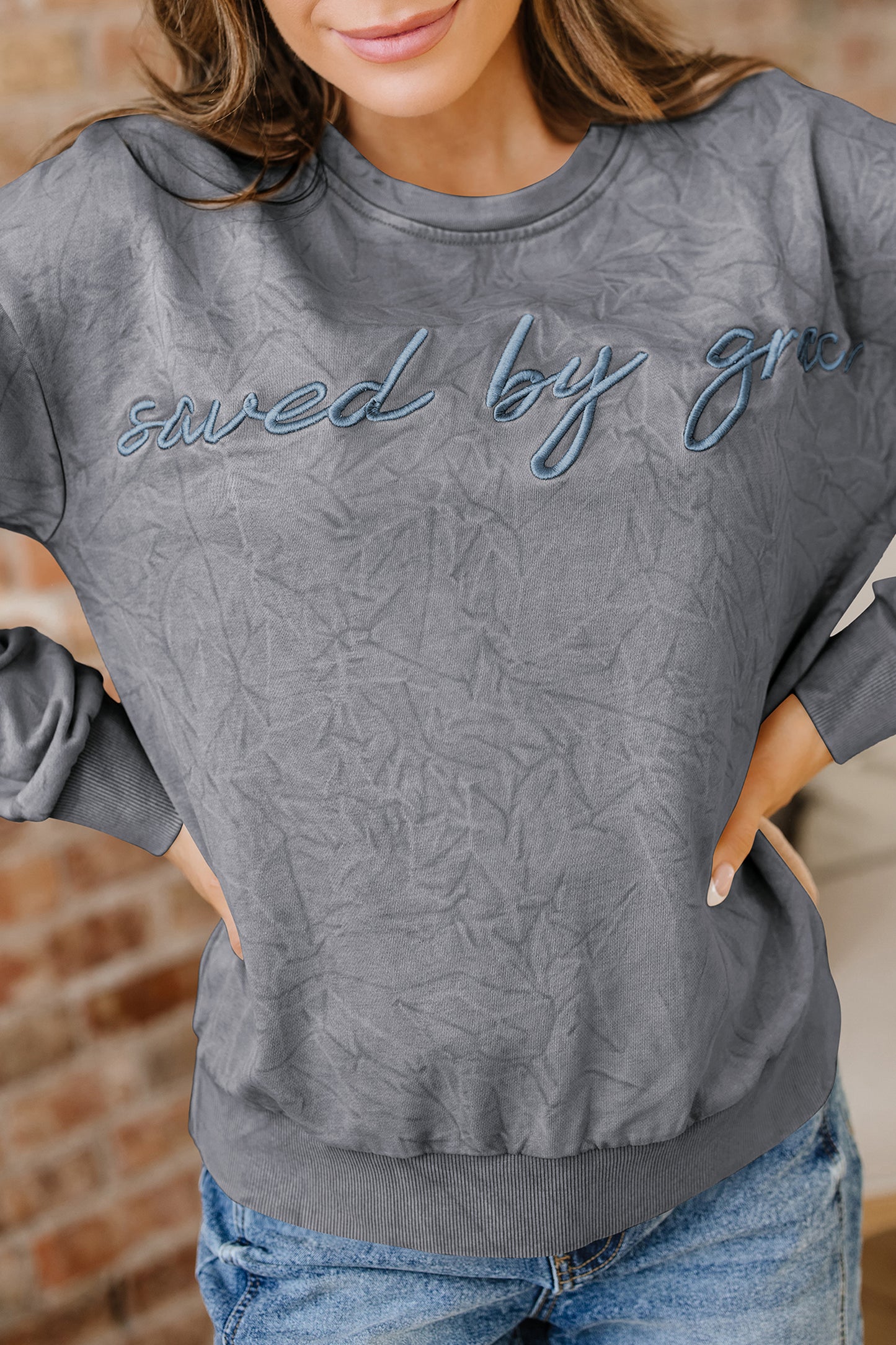 High-rise saved by grace Letter Embroidery Mineral Wash Loose Sweatshirt