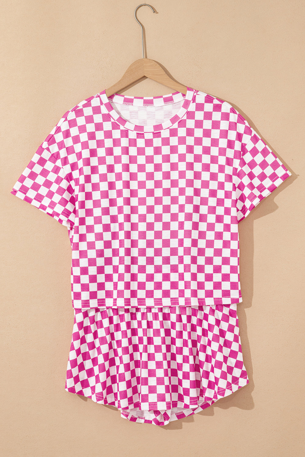 Pink Checkerboard T Shirt and High Waist Short 2 Piece Outfit