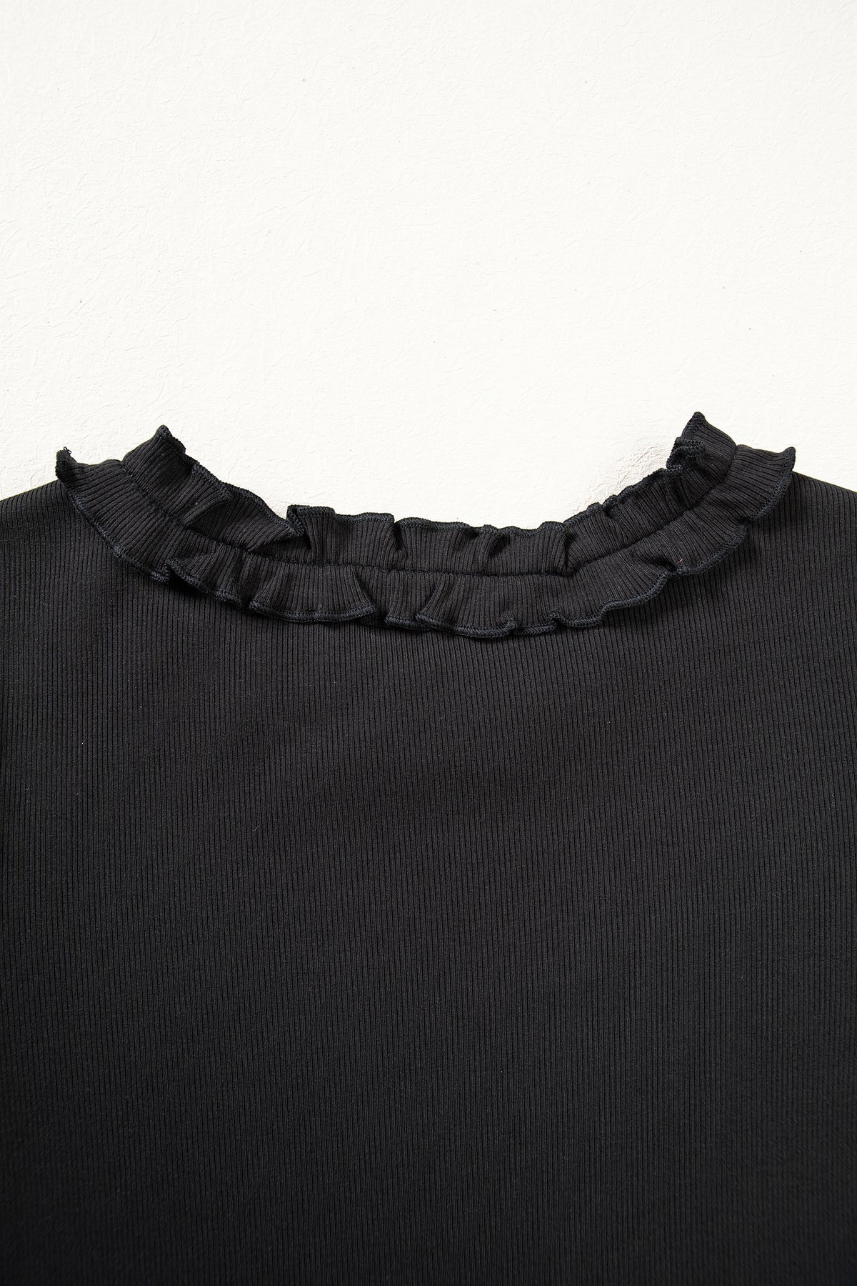 Beige Solid Color Round Neck Frill Detail Long Sleeve Top