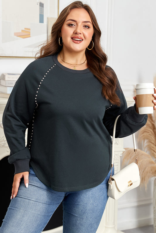 Black Studded Decor Ribbed Edge Mineral Wash Plus Size Sweater
