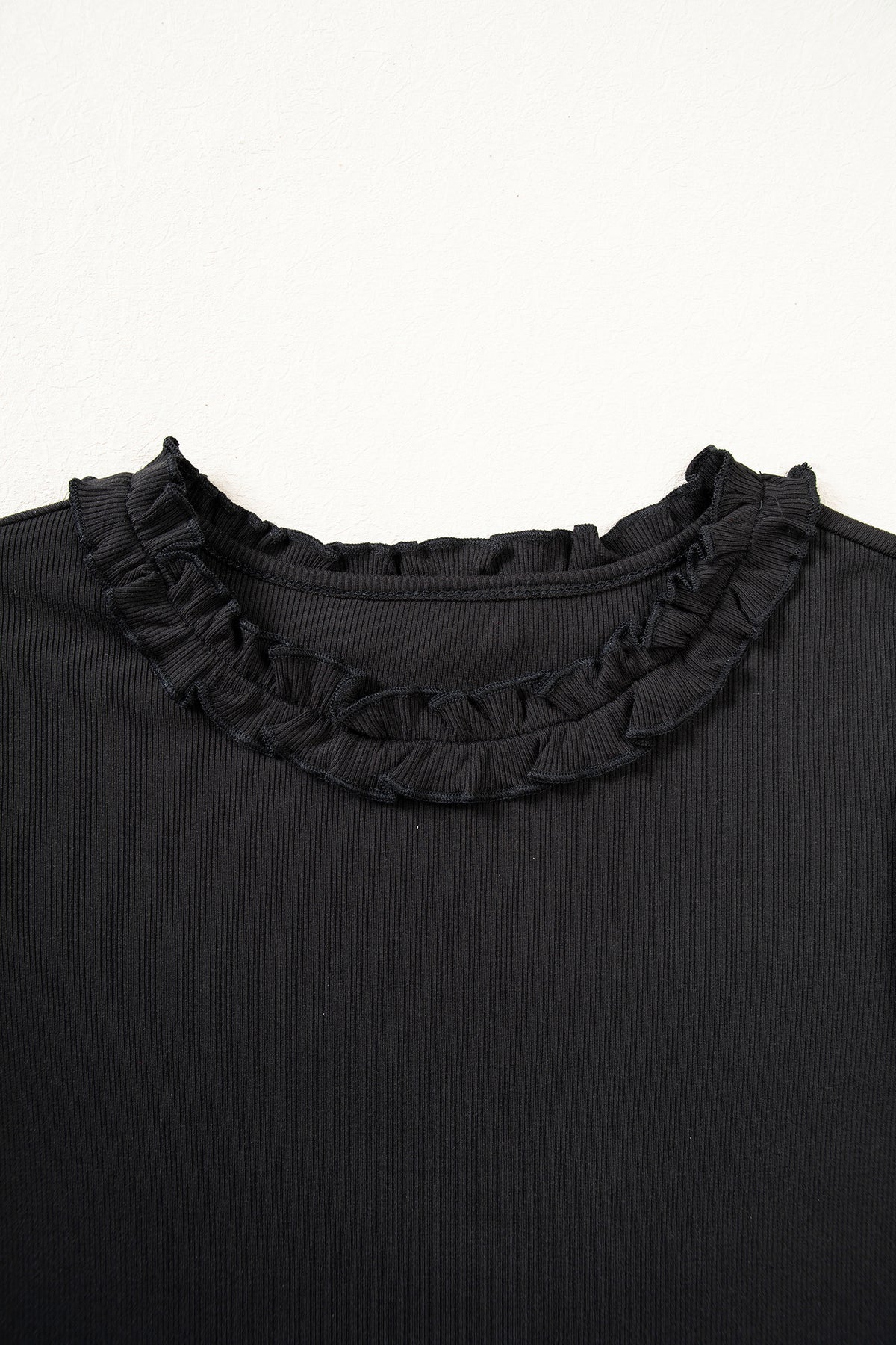 Beige Solid Color Round Neck Frill Detail Long Sleeve Top