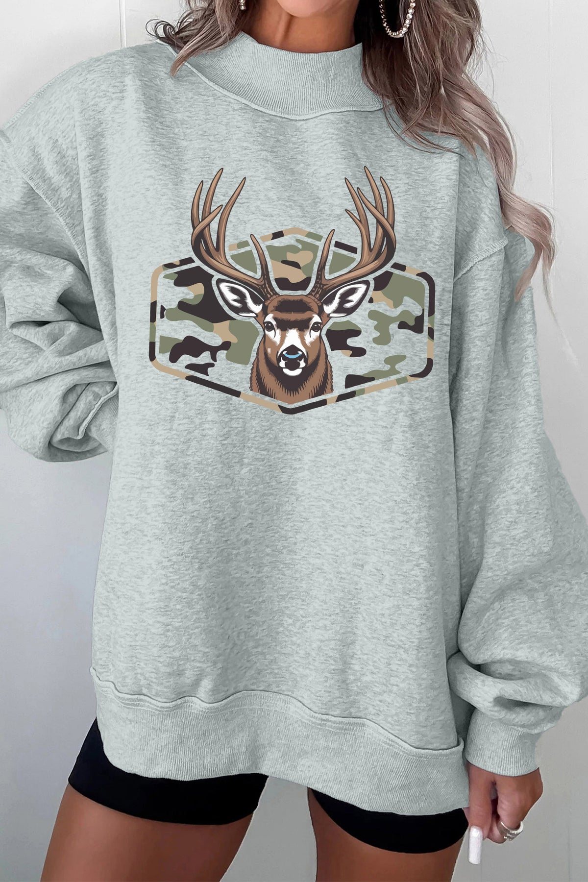 Gray Oversize Camouflage Reindeer Print Mock Neck Sweatshirt