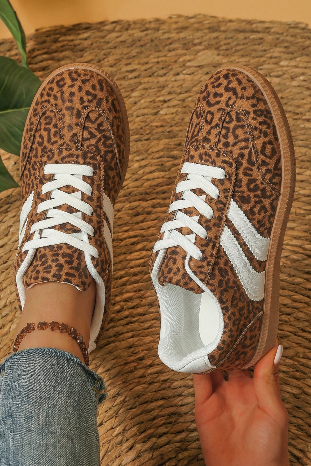 Coffee PU Leather Detail Shimmer Leopard Printed Lace-up Sneakers