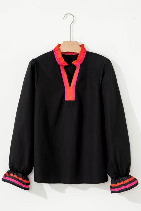 Black Striped Trim Ruffle Split Neck Long Sleeve Blouse