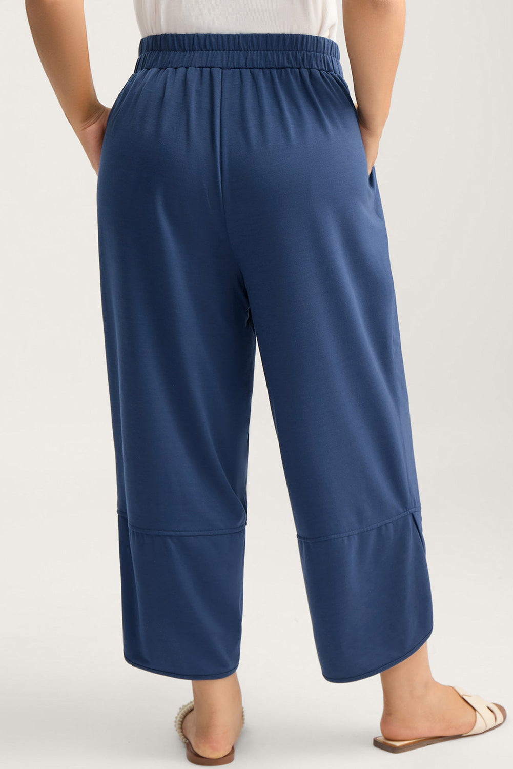 Sail Blue Plus Size Elastic Waist Asymmetrical Hem Loose Capris Pants