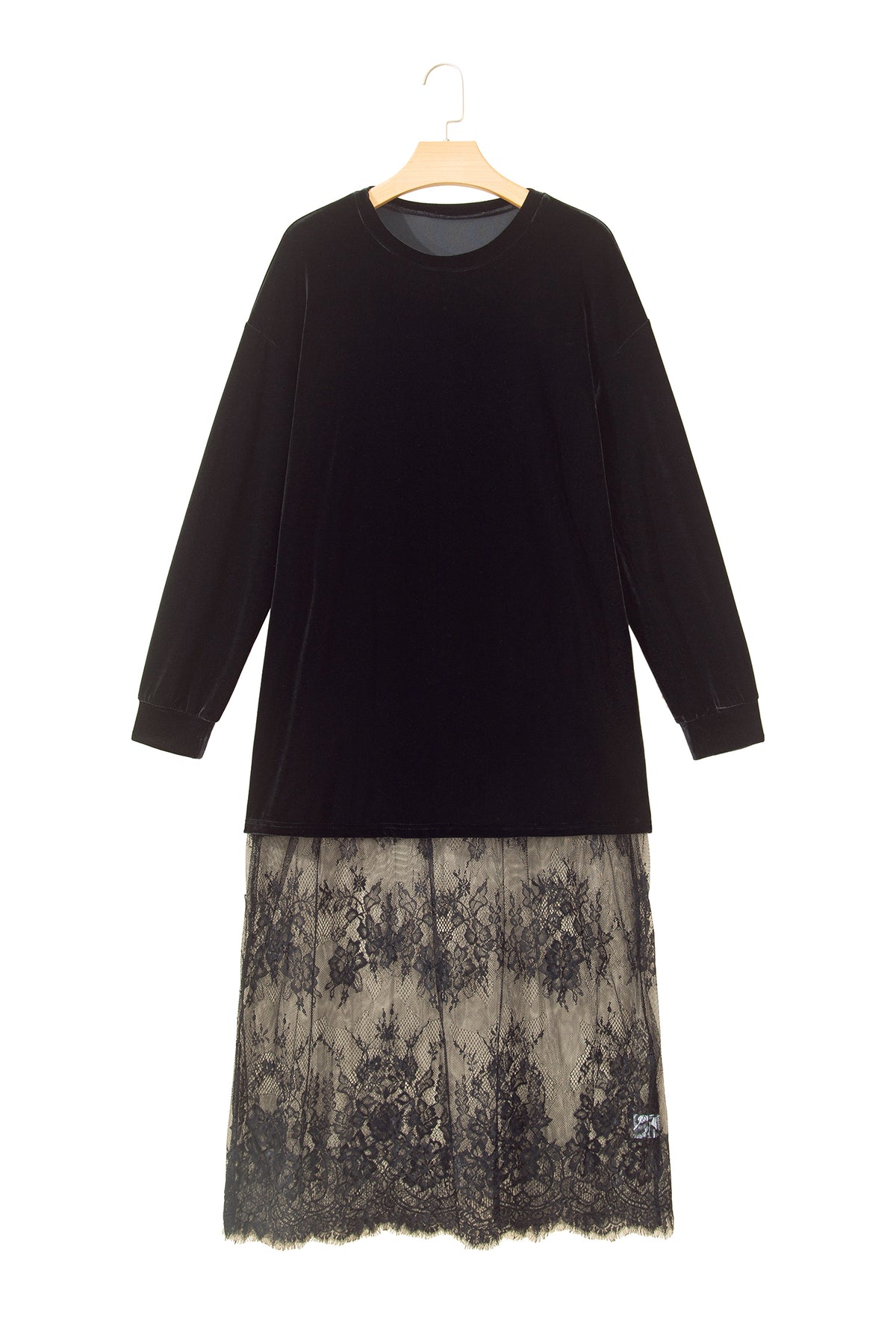Blackish Green Velvet Long Sleeve Lace Splicing Hem Shift Maxi Dress