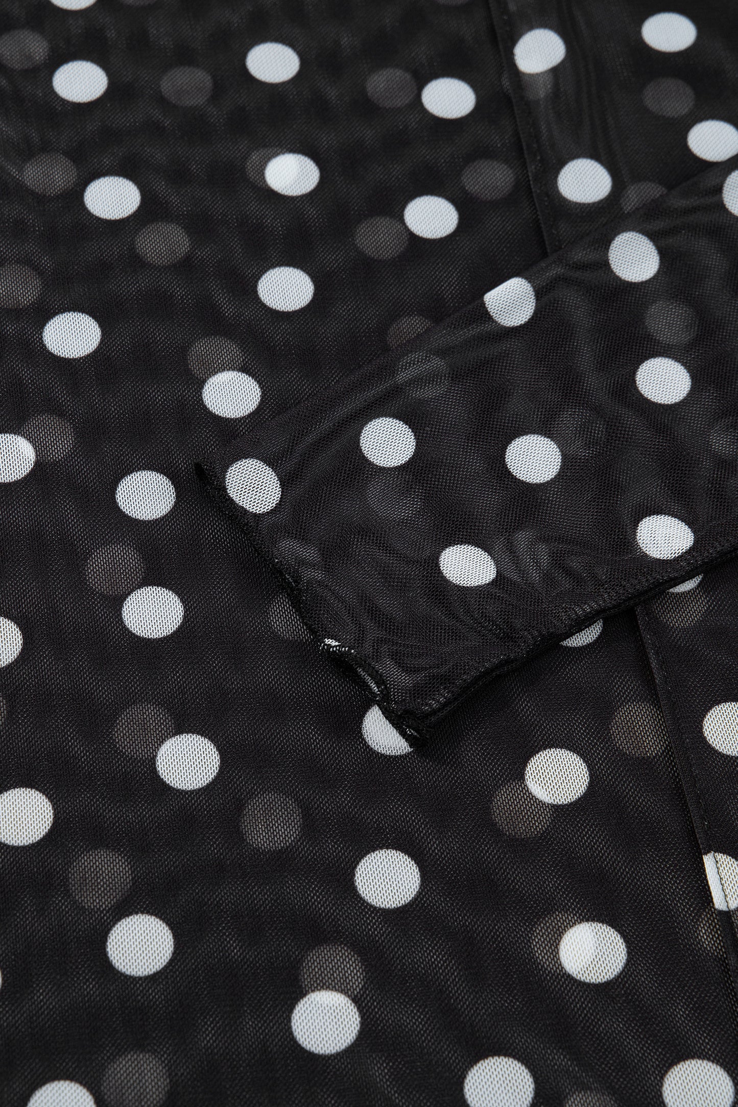 Black Polka Dot Patterned Bodycon Mock Neck Mesh Long Sleeve Top