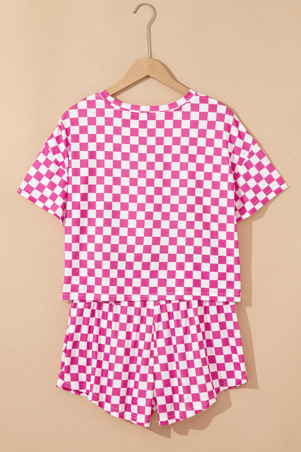 Pink Checkerboard T Shirt and High Waist Short 2 Piece Outfit