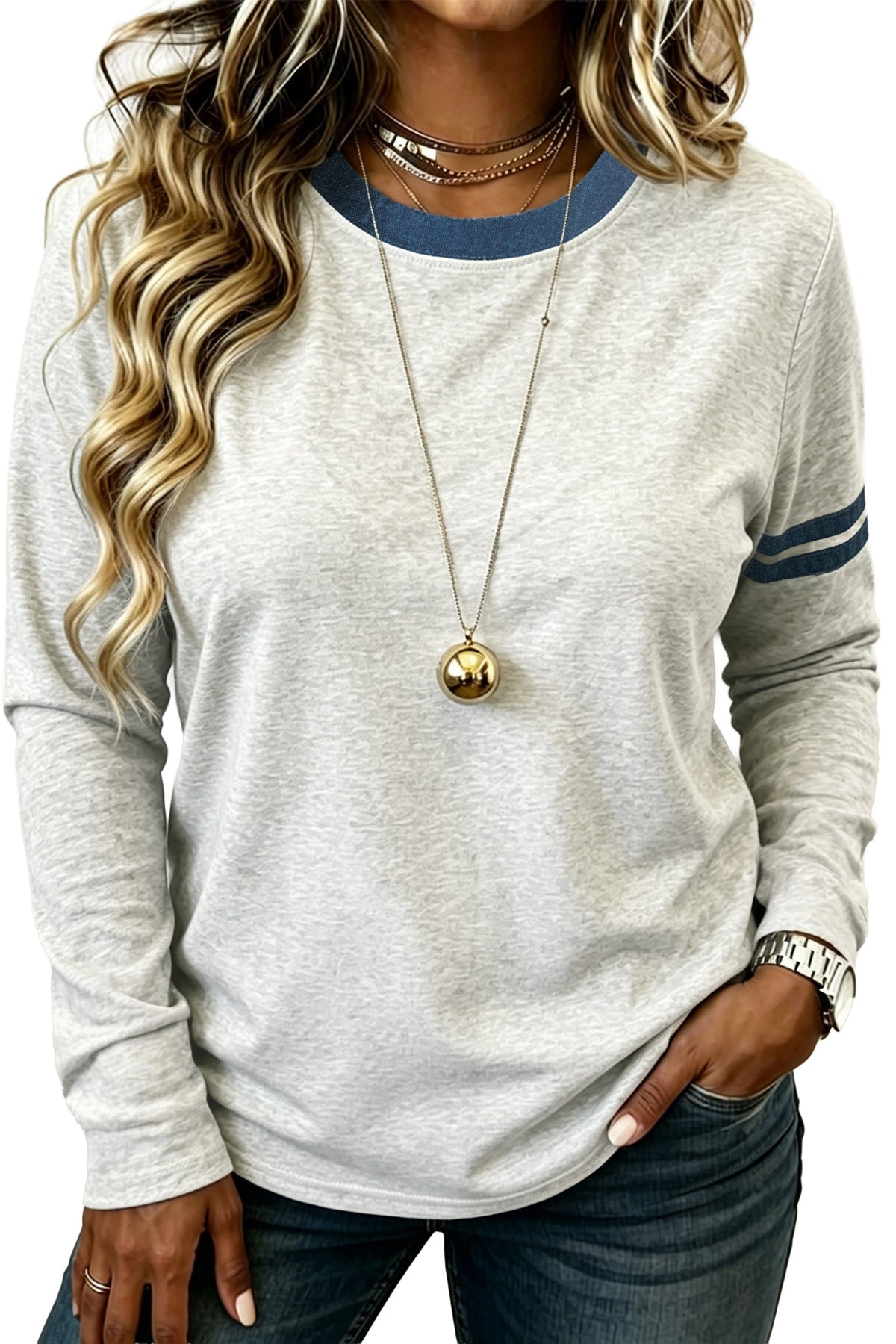 Gray Plus Size Colorblock Detail Round Neck Long Sleeve Top