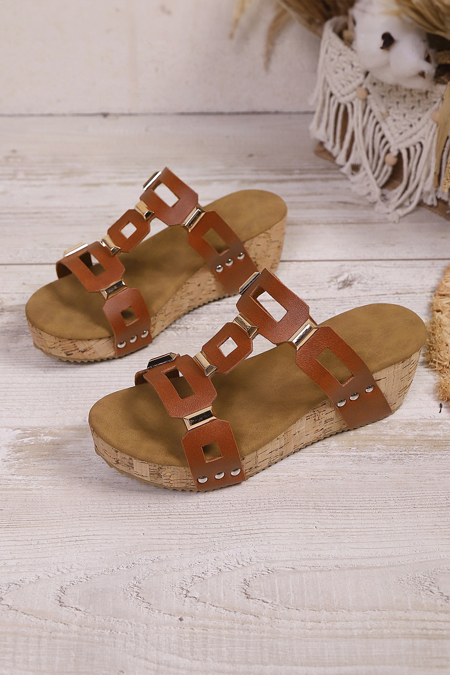 Coffee Retro Hollowed PU Leather Wedge Platform Sandals