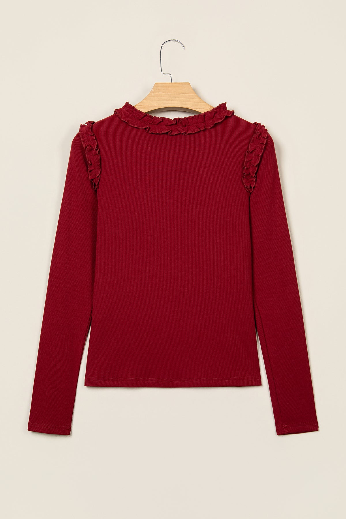 Beige Solid Color Round Neck Frill Detail Long Sleeve Top