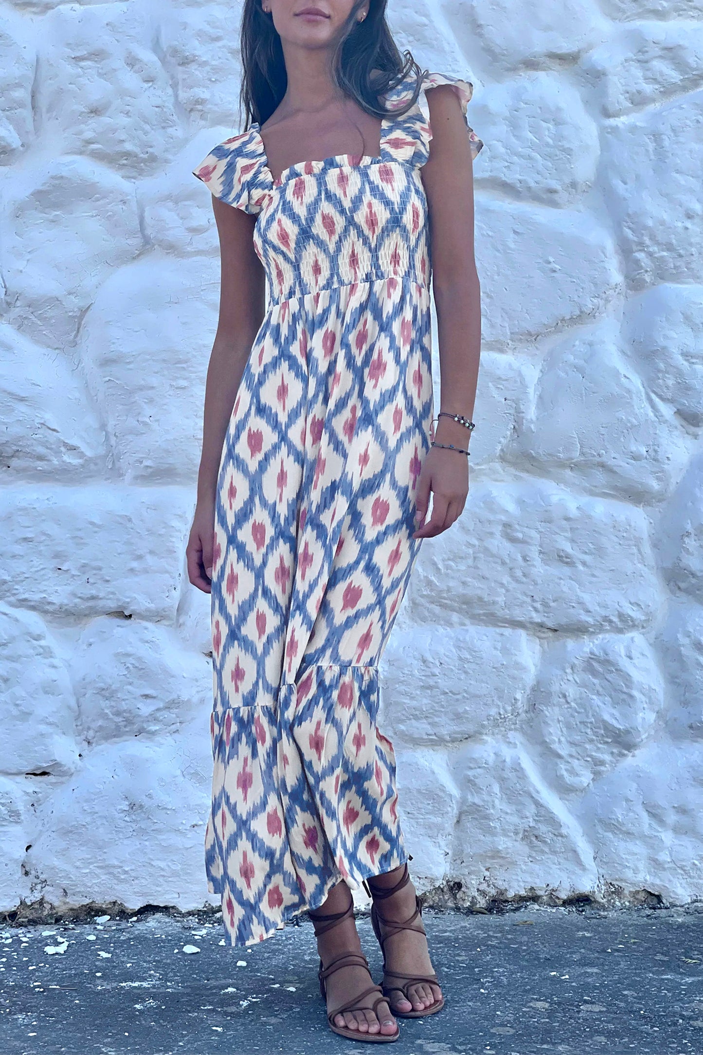 Sky Blue Ethnic Geometric Print Square Neck Smocked High Waist Ruffle Sleeve Dress