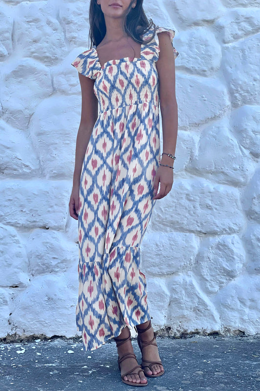 Sky Blue Ethnic Geometric Print Square Neck Smocked High Waist Ruffle Sleeve Dress