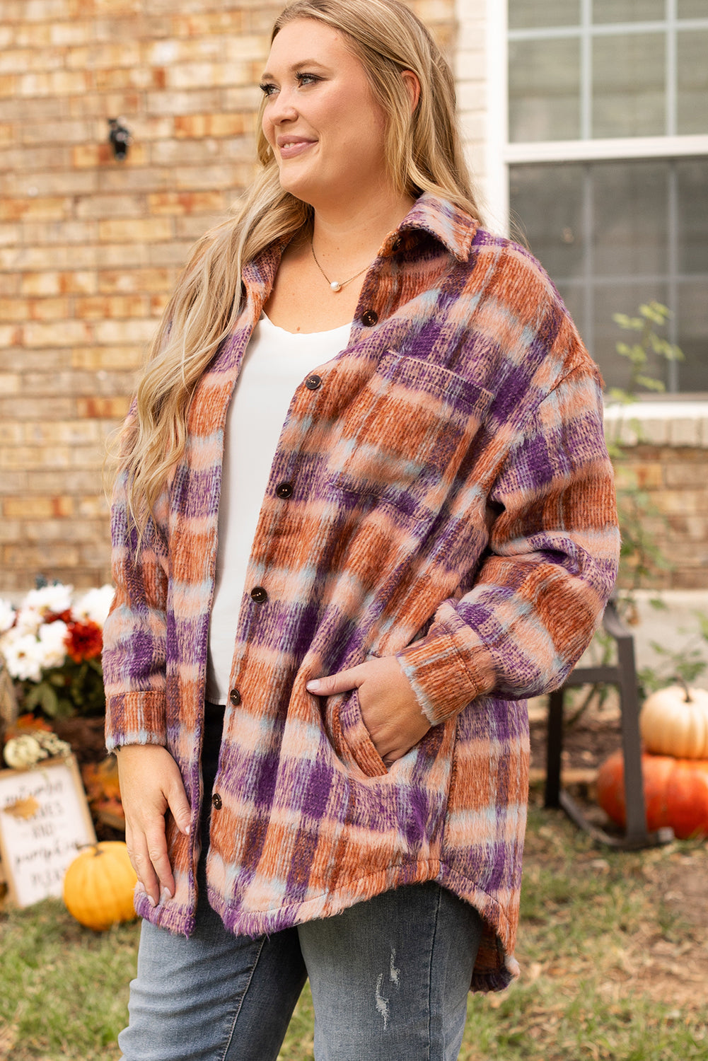 Multicolour Plus Size Plaid Print Collared Button up Shacket