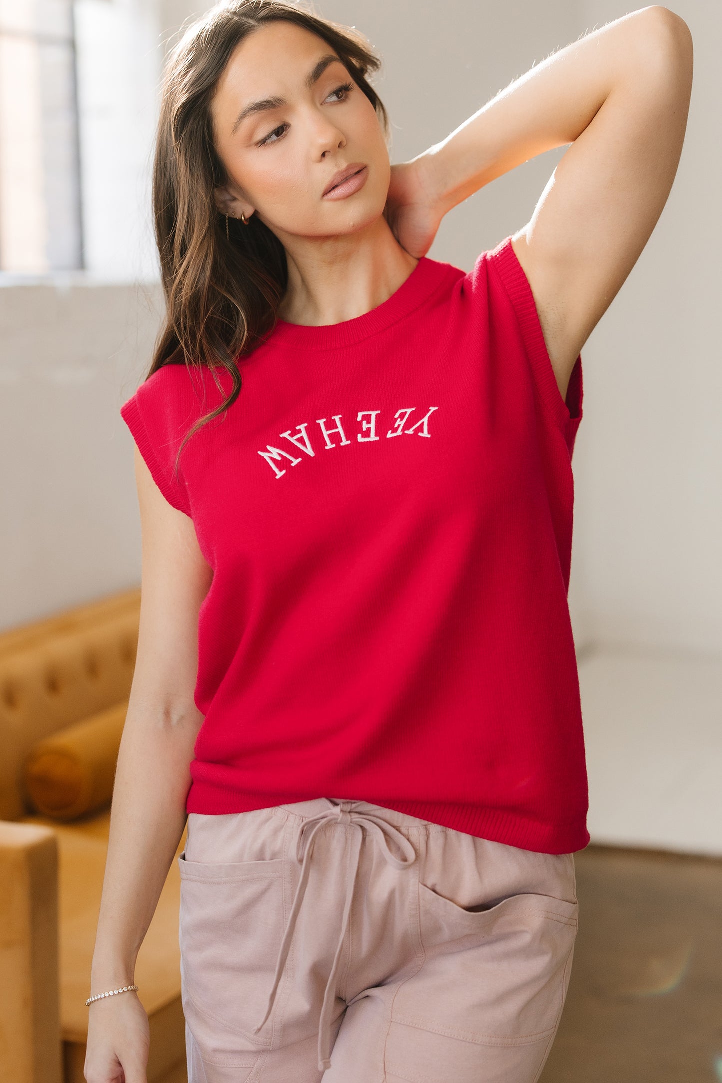 Fiery Red YEEHAW Embroidered Letter L0oose Short Sleeve Sweater