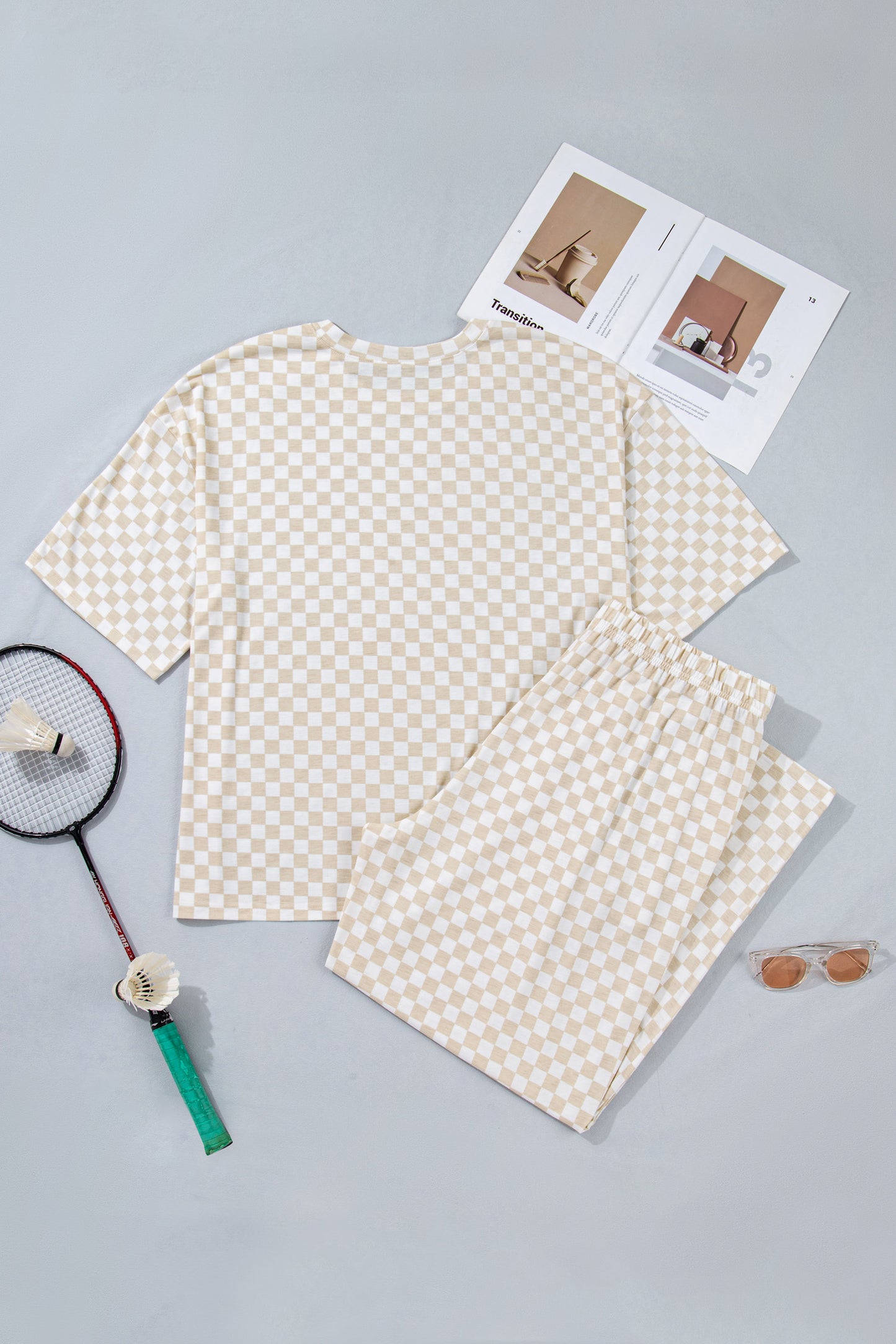 Khaki Plus Size Checkered Print Half Sleeve Tee Loose Pants Set