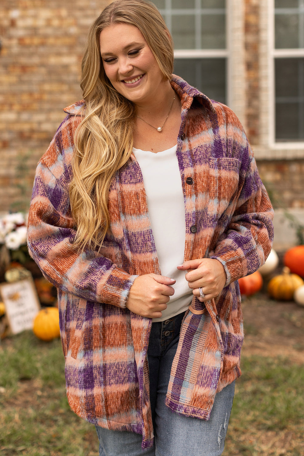Multicolour Plus Size Plaid Print Collared Button up Shacket