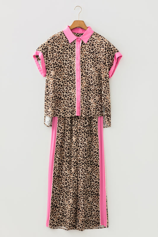 Brown Contrast Trim Leopard Top and Pant Set