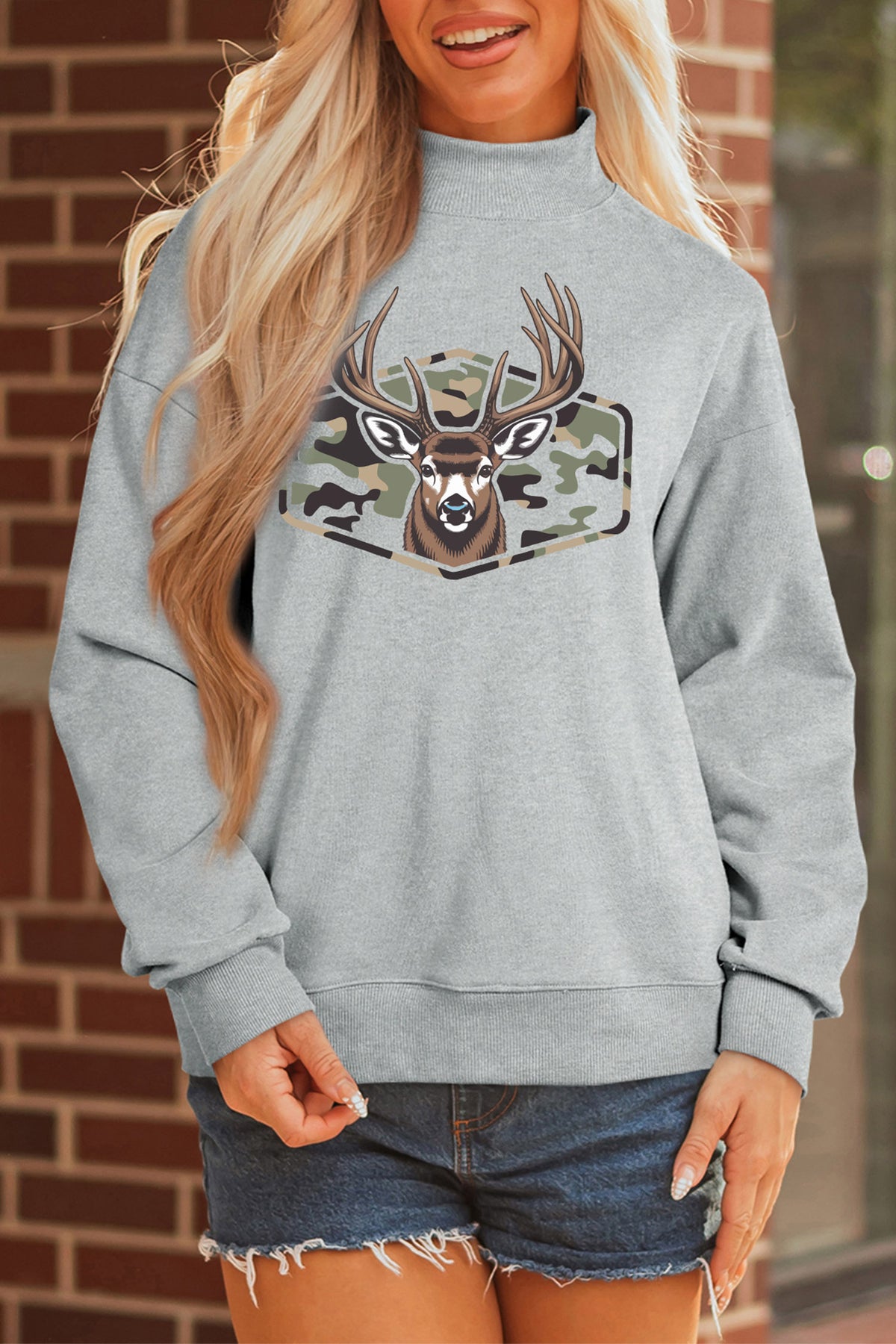 Gray Oversize Camouflage Reindeer Print Mock Neck Sweatshirt