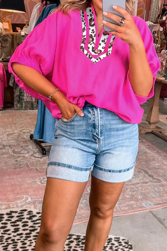 Rose Red Dolman Half Sleeve Leopard Patchwork Trim V Neck Blouse