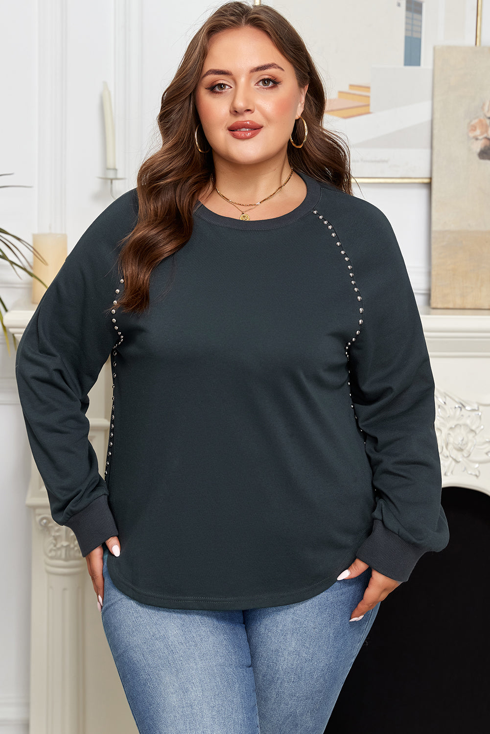 Black Studded Decor Ribbed Edge Mineral Wash Plus Size Sweater