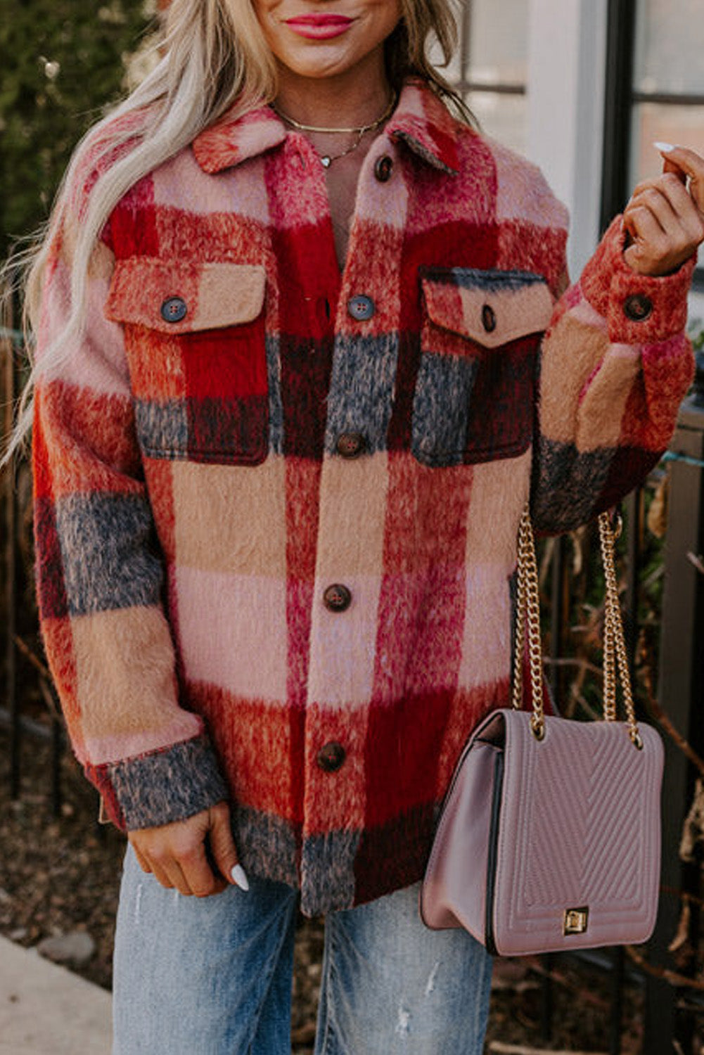 Orange Plaid Print Flap Pockets Buttoned Casual Plus Size Shacket