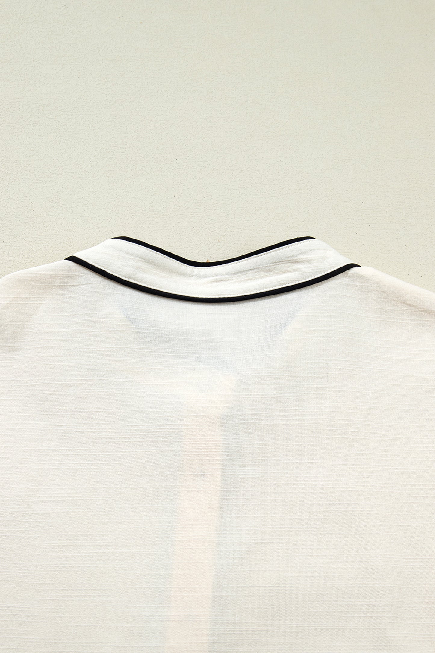 Beige Contrast Color Trim Button Down Long Puff Sleeve Blouse