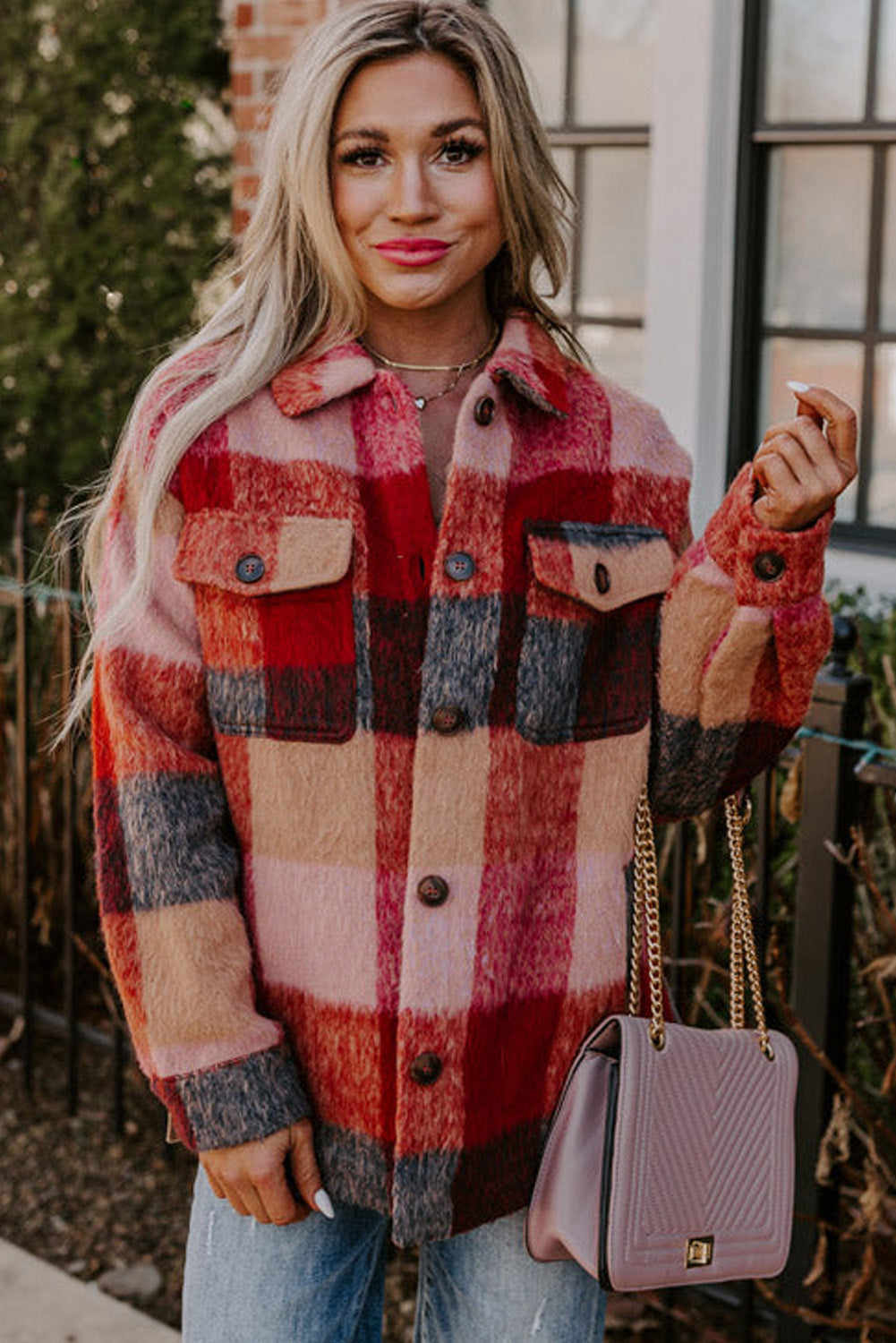 Orange Plaid Print Flap Pockets Buttoned Casual Plus Size Shacket