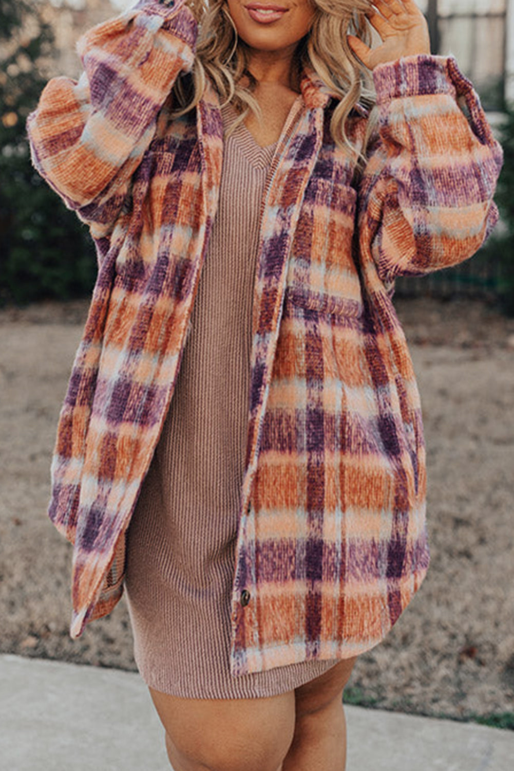 Multicolour Plus Size Plaid Print Collared Button up Shacket